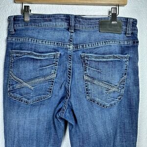 Buckle BKE Alec Stretch Straight Blue Jeans Whiskered Distressed Cowboy 34x30